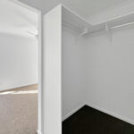 Bright empty room with beige carpet, white walls, and a window overlooking a wooden fence outside