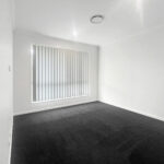 Empty white room with dark carpet, a large window with vertical blinds on the left wall, and minimal natural light.