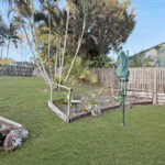 Backyard with palm trees, a wooden fence, and a circular garden bed featuring leafy plants and a covered clothesline.